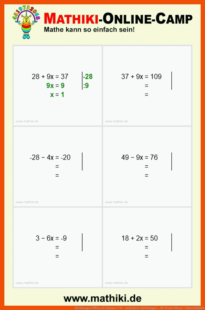 Gleichungen lÃ¶sen (I) (Klasse 7/8) - mathiki.de | Gleichungen ... für terme klasse 7 arbeitsblätter