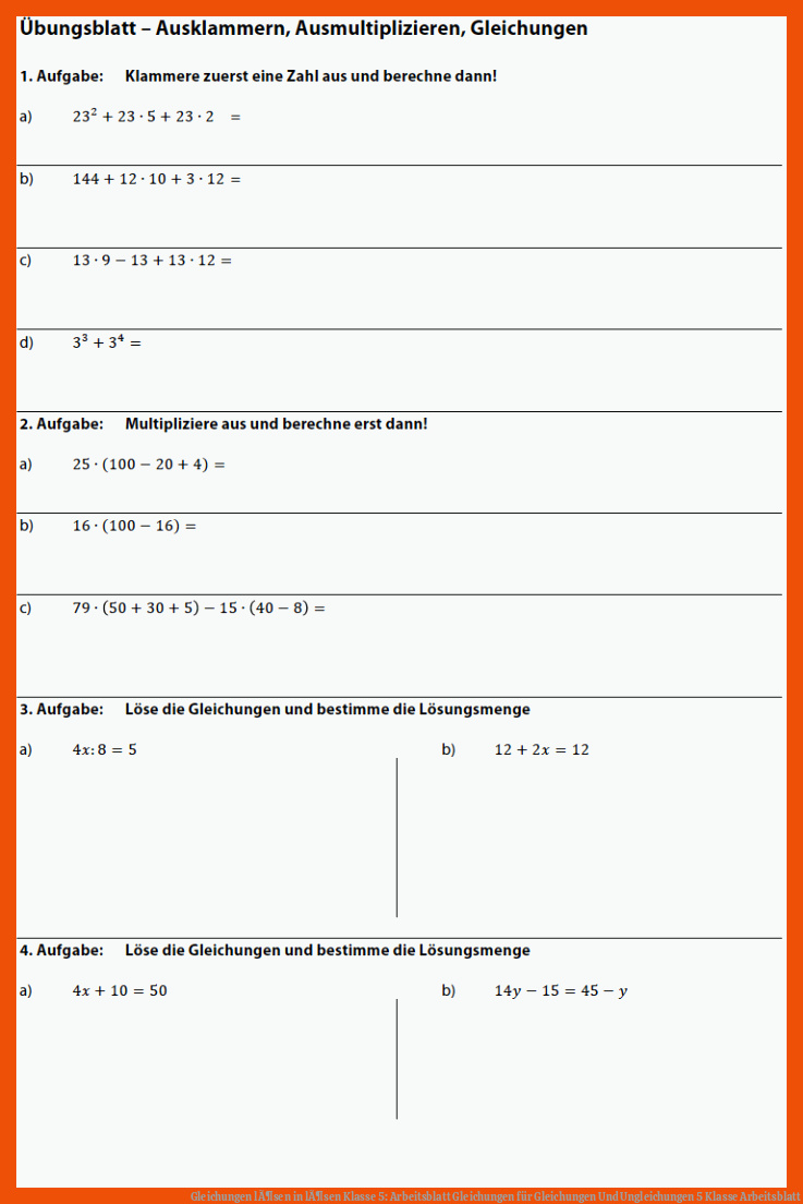 Gleichungen lÃ¶sen in lÃ¶sen Klasse 5: Arbeitsblatt Gleichungen für gleichungen und ungleichungen 5 klasse arbeitsblatt