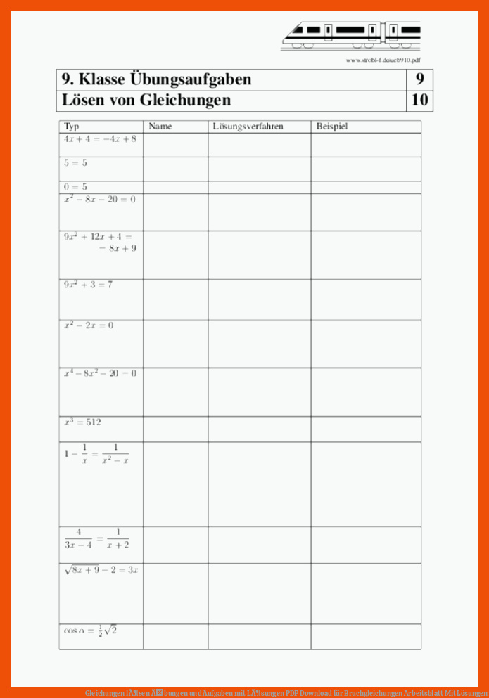 Gleichungen lÃ¶sen Ãbungen und Aufgaben mit LÃ¶sungen | PDF Download für bruchgleichungen arbeitsblatt mit lösungen