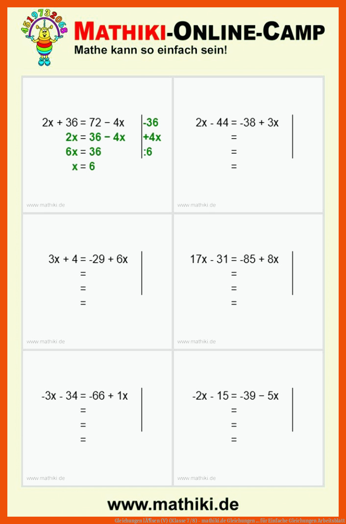 Gleichungen lÃ¶sen (V) (Klasse 7/8) - mathiki.de | Gleichungen ... für einfache gleichungen arbeitsblatt