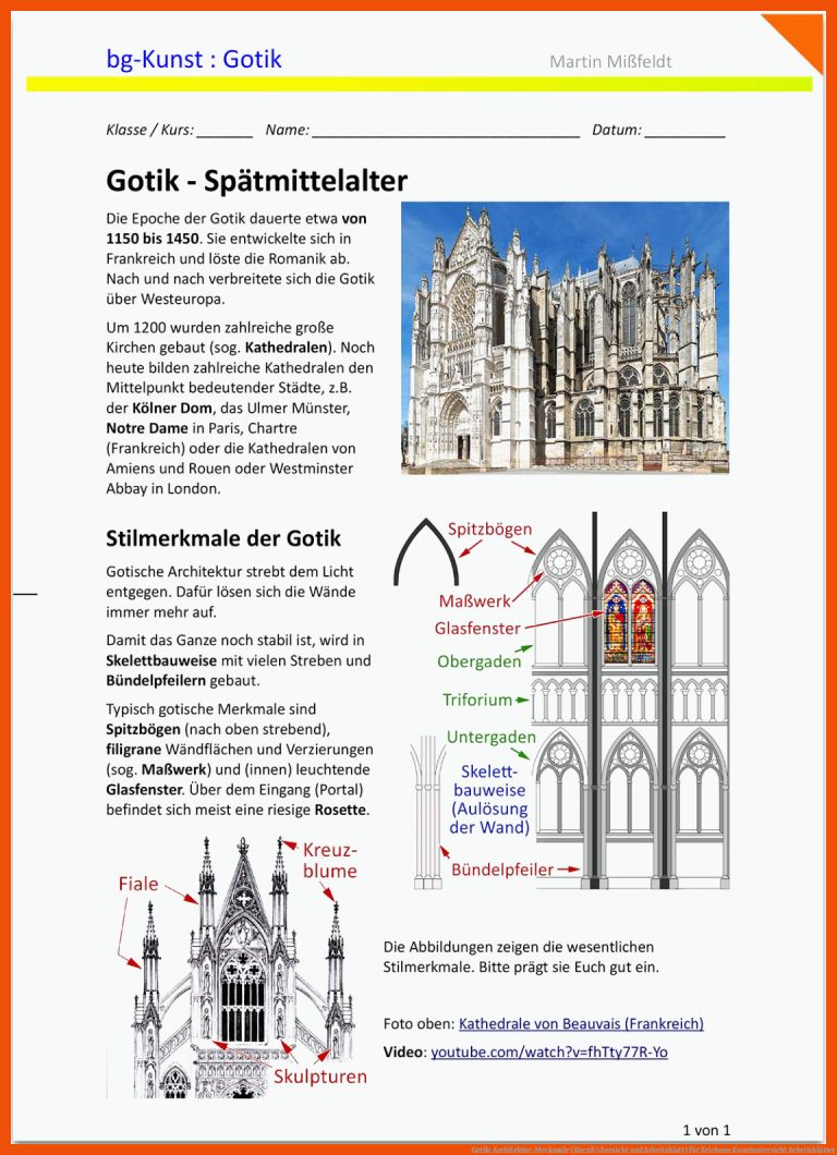 Gotik: Architektur, Merkmale (KurzÃ¼bersicht und Arbeitsblatt) für zeichnen kunstunterricht arbeitsblätter