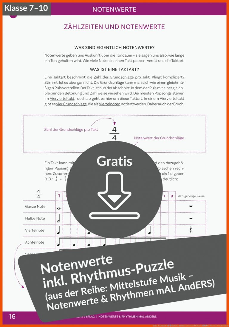 Gratis-Download: âEinfache Rhythmen Lesen und Notierenâ für notenwerte arbeitsblatt
