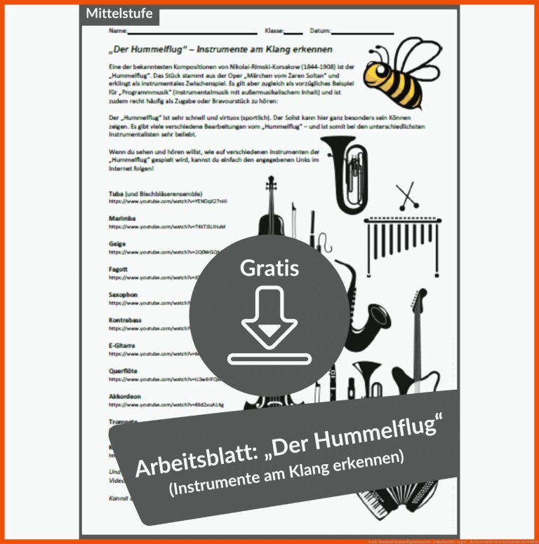 Gratis-Download: Hummelflug Instrumente - Sekundarstufe - Lugert ... für karneval der tiere instrumente arbeitsblatt