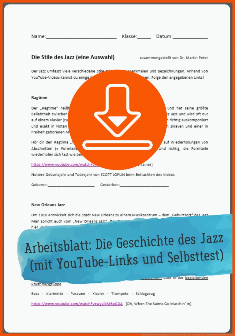 Gratis-download: Unterrichtsmaterial Zur Geschichte Des Jazz ... Fuer Schule Früher Und Heute Arbeitsblätter Kostenlos