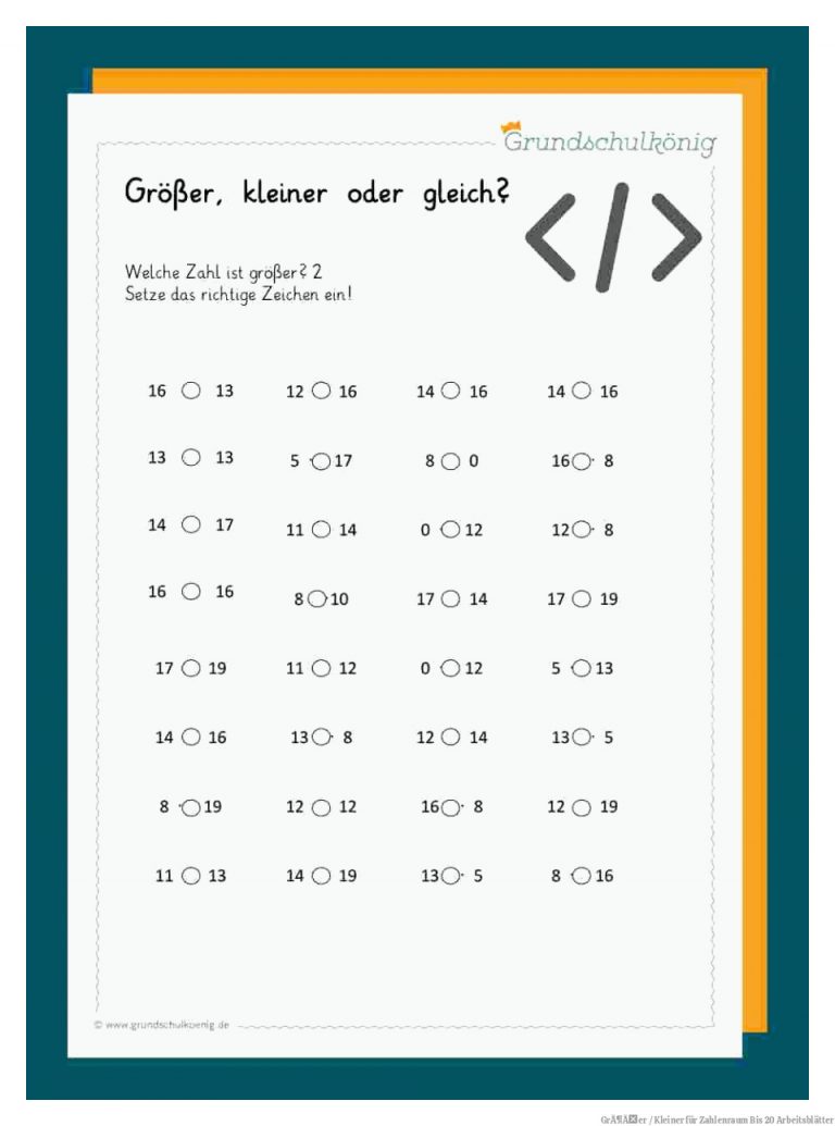 GrÃ¶Ãer / Kleiner für Zahlenraum Bis 20 Arbeitsblätter