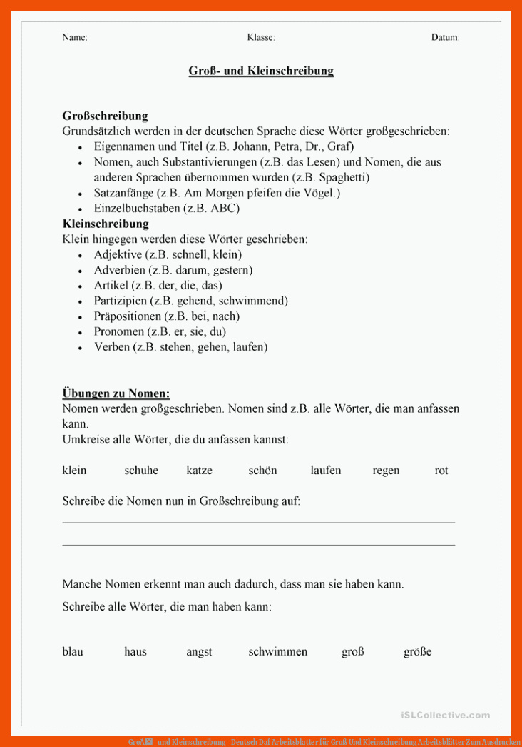 GroÃ- und Kleinschreibung - Deutsch Daf Arbeitsblatter für groß und kleinschreibung arbeitsblätter zum ausdrucken