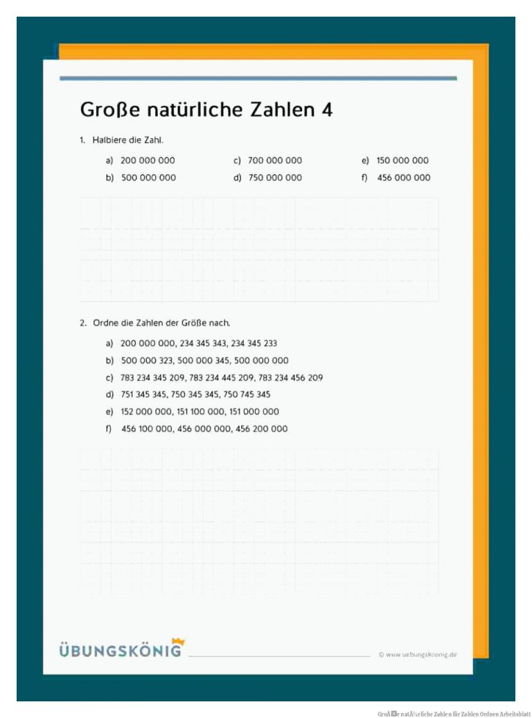 GroÃe natÃ¼rliche Zahlen für Zahlen ordnen Arbeitsblatt