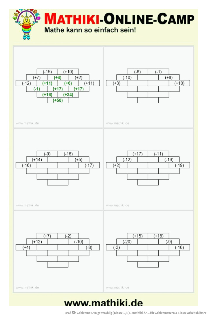 GroÃe Zahlenmauern ganzzahlig (Klasse 5/6) - mathiki.de ... für Zahlenmauern 4 Klasse Arbeitsblätter