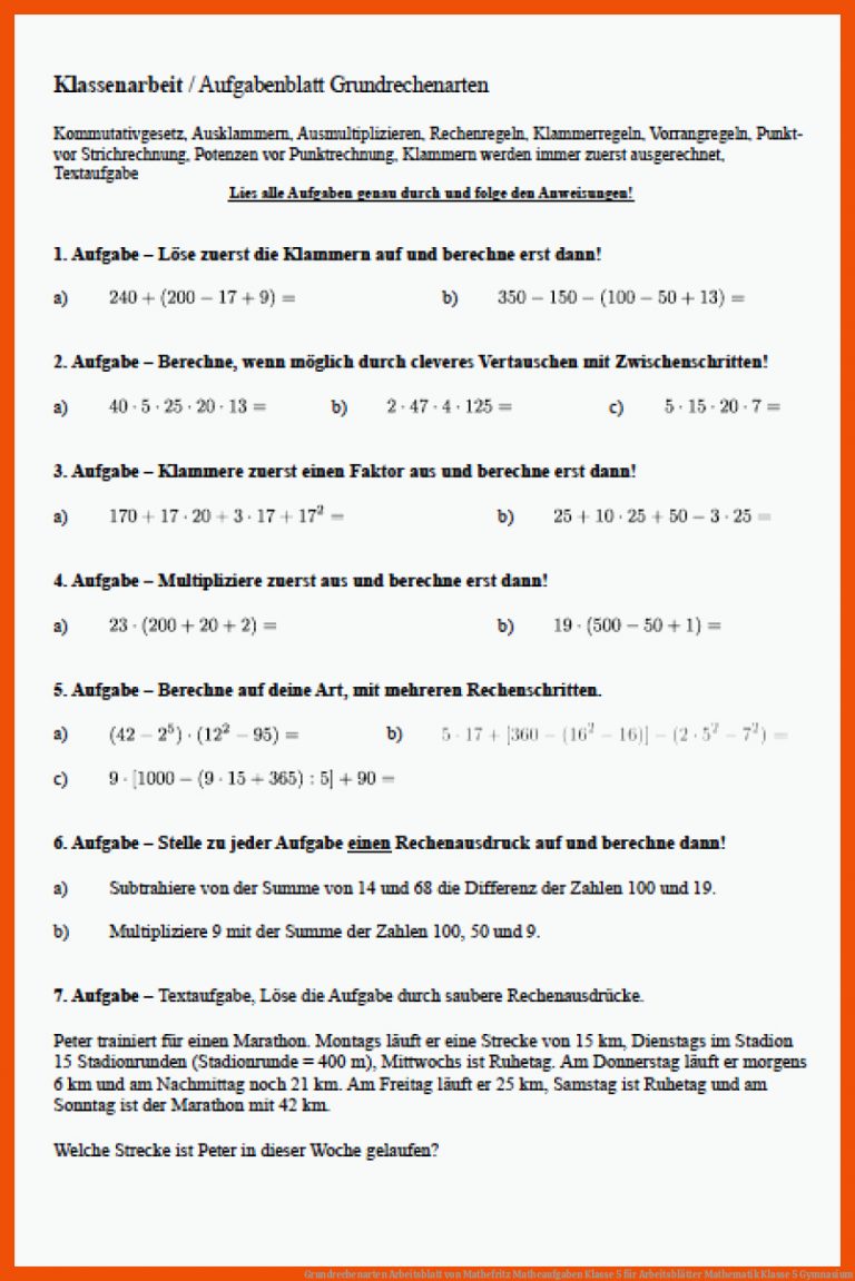 Grundrechenarten Arbeitsblatt von Mathefritz | Matheaufgaben Klasse 5 für arbeitsblätter mathematik klasse 5 gymnasium