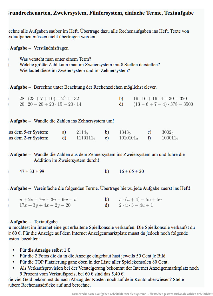 Grundrechenarten Aufgaben | Arbeitsblatt Zahlensysteme ... für Rechengesetze Rationale Zahlen Arbeitsblatt