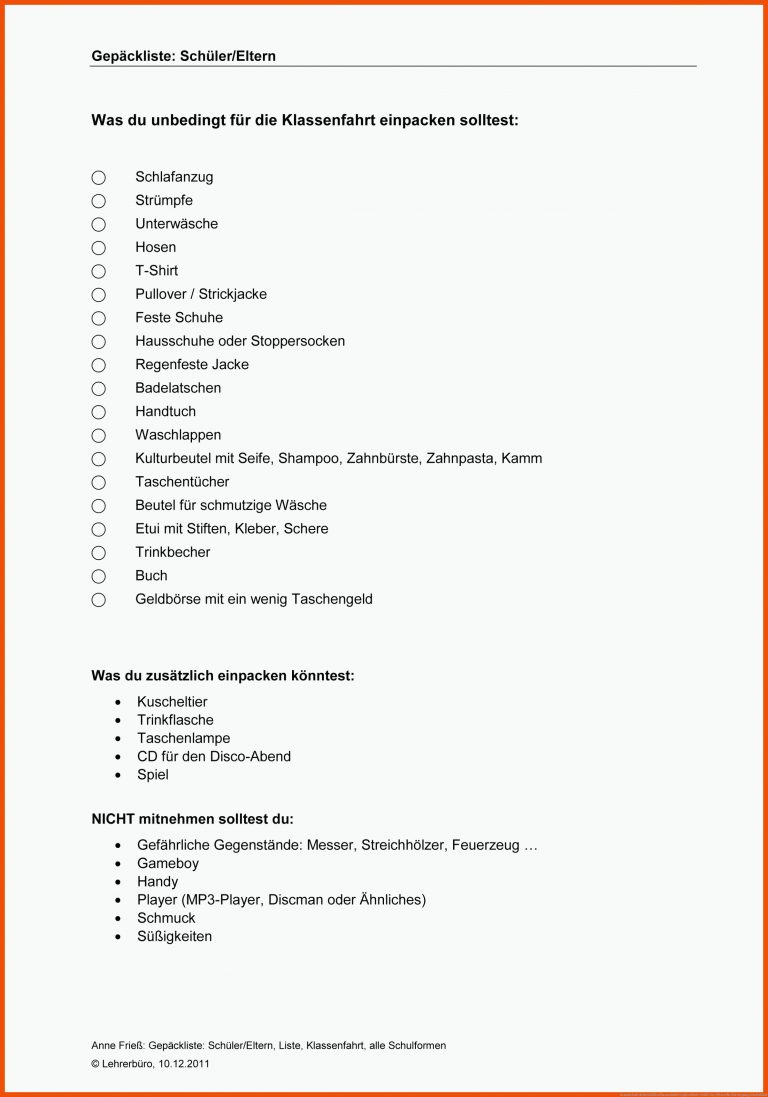 Grundschule Arbeitshilfen Klassenfahrt GepÃ¤ckliste: SchÃ¼ler/Eltern für hörvorgang arbeitsblatt