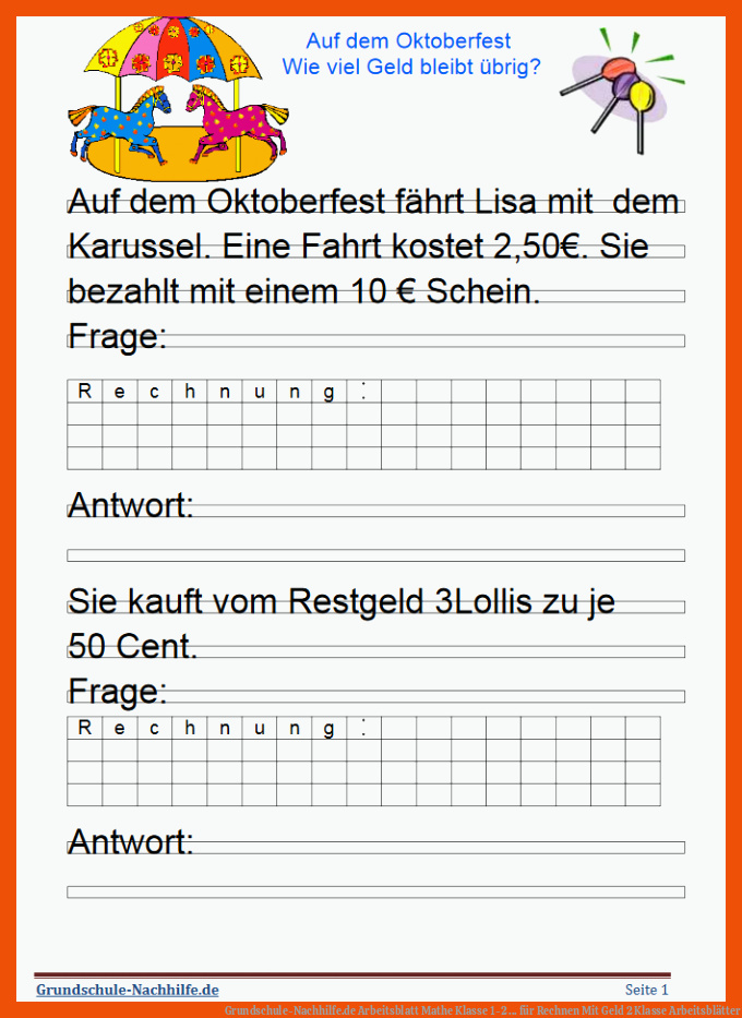Grundschule-Nachhilfe.de | Arbeitsblatt Mathe Klasse 1-2 ... für rechnen mit geld 2 klasse arbeitsblätter