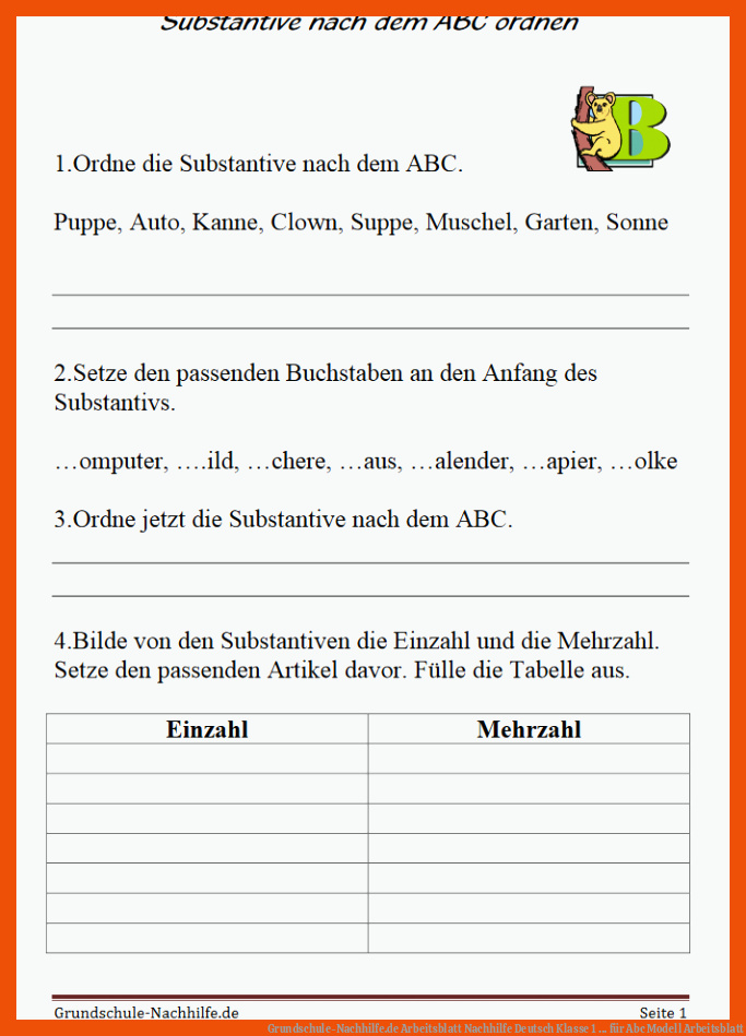 Grundschule-Nachhilfe.de | Arbeitsblatt Nachhilfe Deutsch Klasse 1 ... für abc modell arbeitsblatt