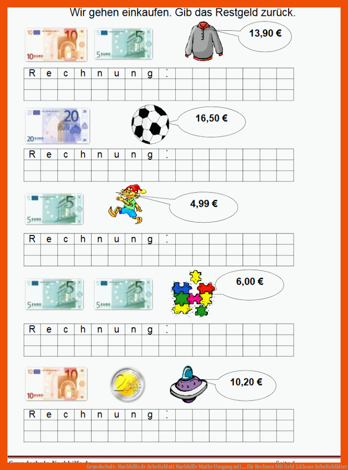 Grundschule-Nachhilfe.de | Arbeitsblatt Nachhilfe Mathe Umgang mit ... für rechnen mit geld 2 klasse arbeitsblätter