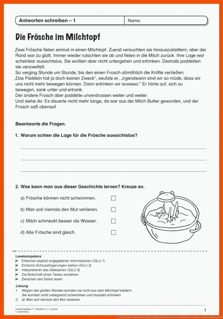 Grundschule Unterrichtsmaterial Deutsch für leseverständnis 4. klasse arbeitsblätter pdf