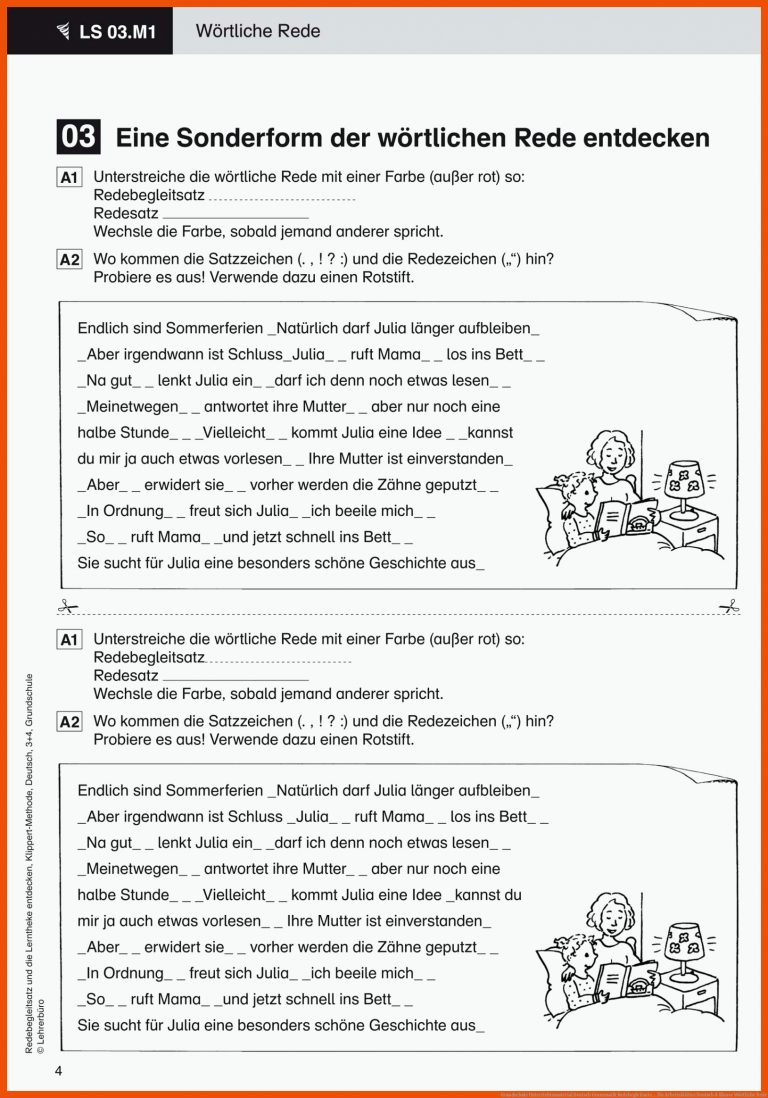 Grundschule Unterrichtsmaterial Deutsch Grammatik Redebegleitsatz ... Fuer Arbeitsblätter Deutsch 4 Klasse Wörtliche Rede