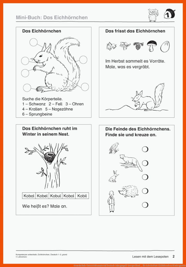 Grundschule Unterrichtsmaterial Deutsch JahrgangsÃ¼bergreifend ... für arbeitsblatt eichhörnchen kindergarten