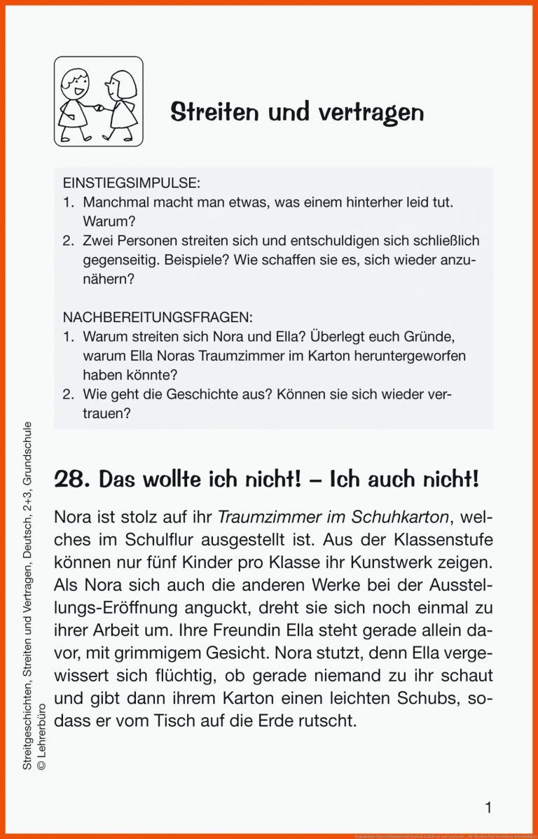 Grundschule Unterrichtsmaterial Deutsch LektÃ¼re Und Lesetexte ... Fuer Streiten Und Versöhnen Arbeitsblätter