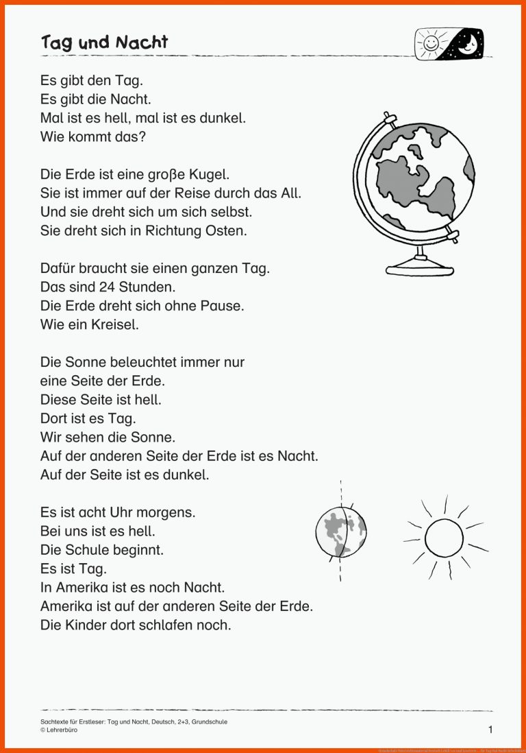 Grundschule Unterrichtsmaterial Deutsch LektÃ¼re und Lesetexte ... für tag und nacht arbeitsblatt