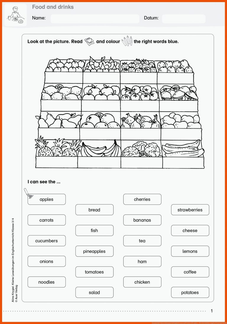 Grundschule Unterrichtsmaterial Englisch Lesen und TextverstÃ¤ndnis ... für arbeitsblätter englisch food and drinks