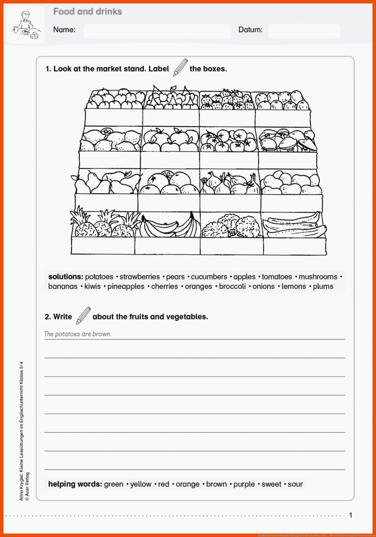 Grundschule Unterrichtsmaterial Englisch Texte Schreiben Kleine ... Fuer Arbeitsblätter Englisch Food and Drinks