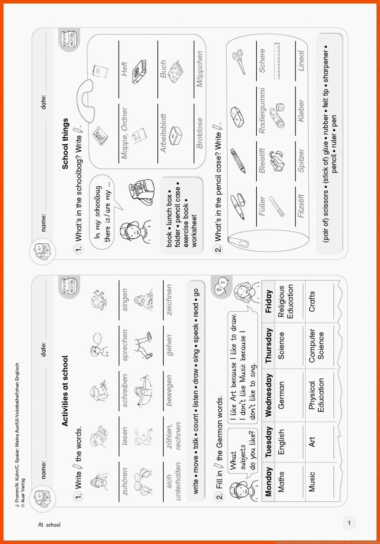 Grundschule Unterrichtsmaterial Englisch Wortschatz AusfÃ¼ll ... für school subjects arbeitsblatt
