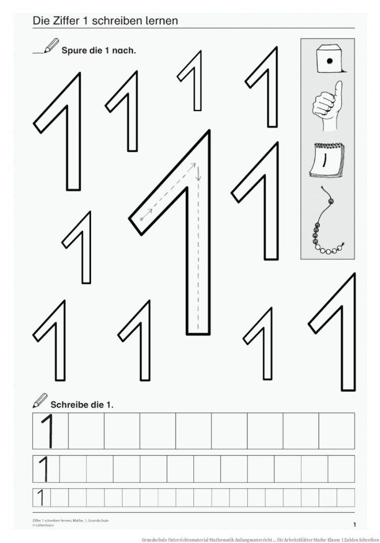 Grundschule Unterrichtsmaterial Mathematik Anfangsunterricht ... für Arbeitsblätter Mathe Klasse 1 Zahlen Schreiben