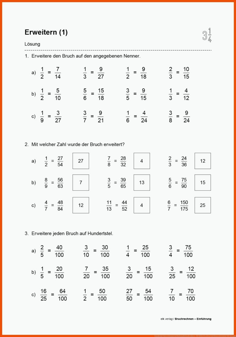 Grundschule Unterrichtsmaterial Mathematik Bruchrechnen ... für brüche erweitern und kürzen arbeitsblatt mit lösungen