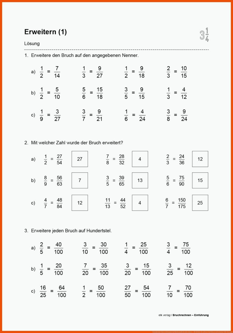 Grundschule Unterrichtsmaterial Mathematik Bruchrechnen ... Fuer Brüche Erweitern Und Kürzen Arbeitsblatt Mit Lösungen