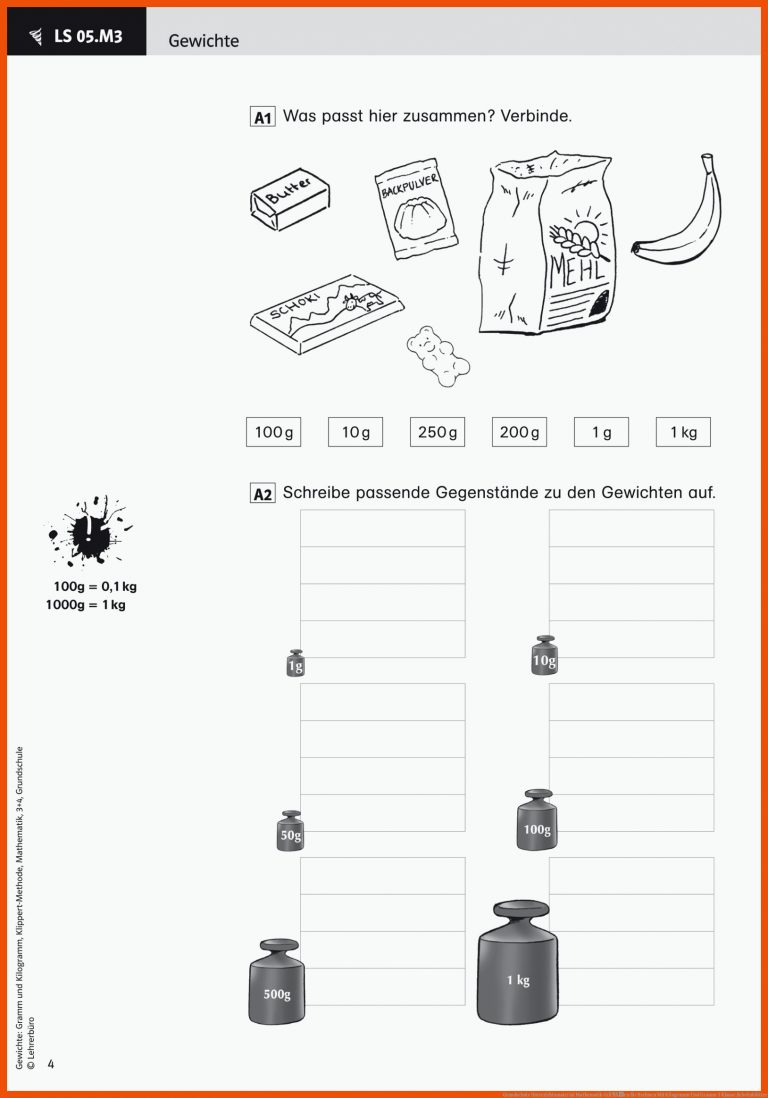 Grundschule Unterrichtsmaterial Mathematik GrÃ¶Ãen für rechnen mit kilogramm und gramm 3 klasse arbeitsblätter
