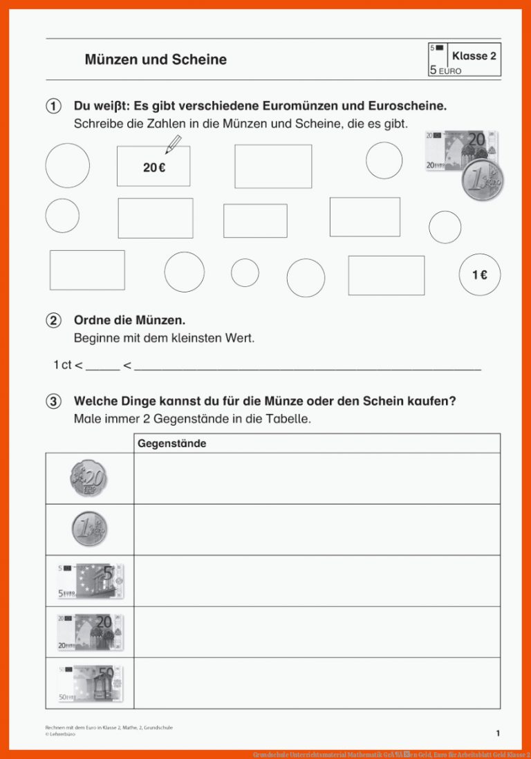 Grundschule Unterrichtsmaterial Mathematik GrÃ¶Ãen Geld, Euro für arbeitsblatt geld klasse 2