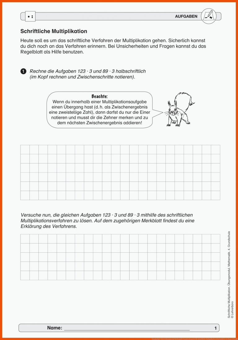 Grundschule Unterrichtsmaterial Mathematik Grundrechenarten für schriftliche multiplikation arbeitsblätter 4. klasse schweiz