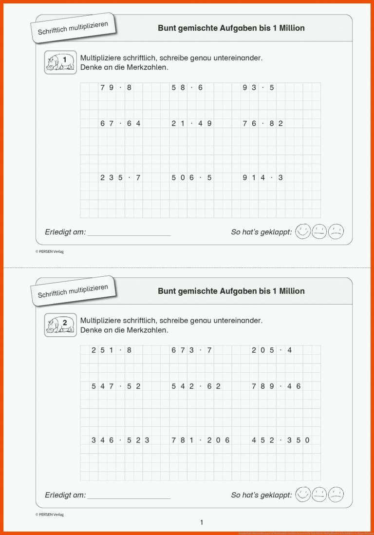 Grundschule Unterrichtsmaterial Mathematik Grundrechenarten für schriftliche multiplikation arbeitsblätter 4. klasse schweiz