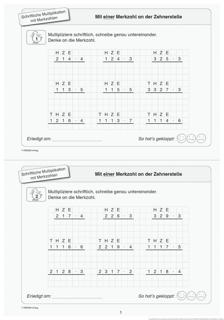 Grundschule Unterrichtsmaterial Mathematik Grundrechenarten für Schriftliche Multiplikation Arbeitsblätter 5 Klasse