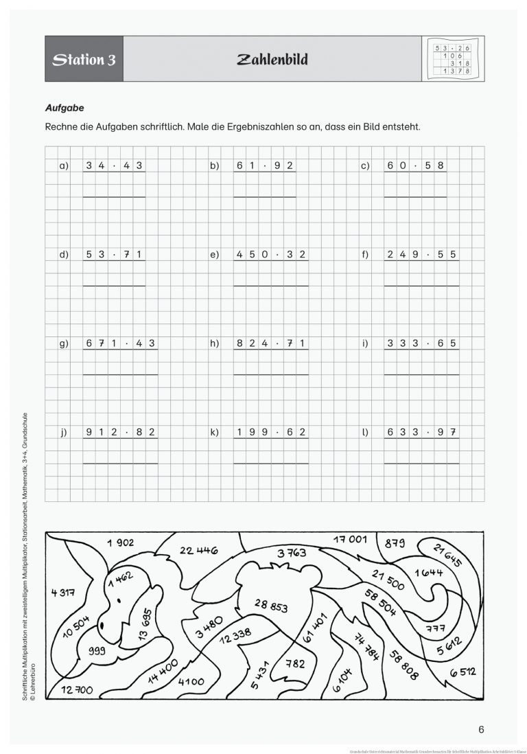 Grundschule Unterrichtsmaterial Mathematik Grundrechenarten für Schriftliche Multiplikation Arbeitsblätter 5 Klasse