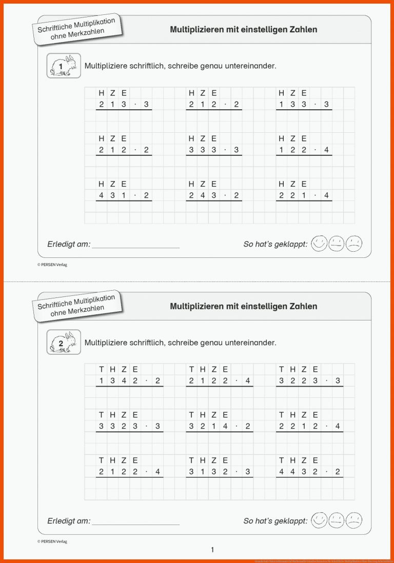 Grundschule Unterrichtsmaterial Mathematik Grundrechenarten für schriftliche multiplikation ohne übertrag arbeitsblätter