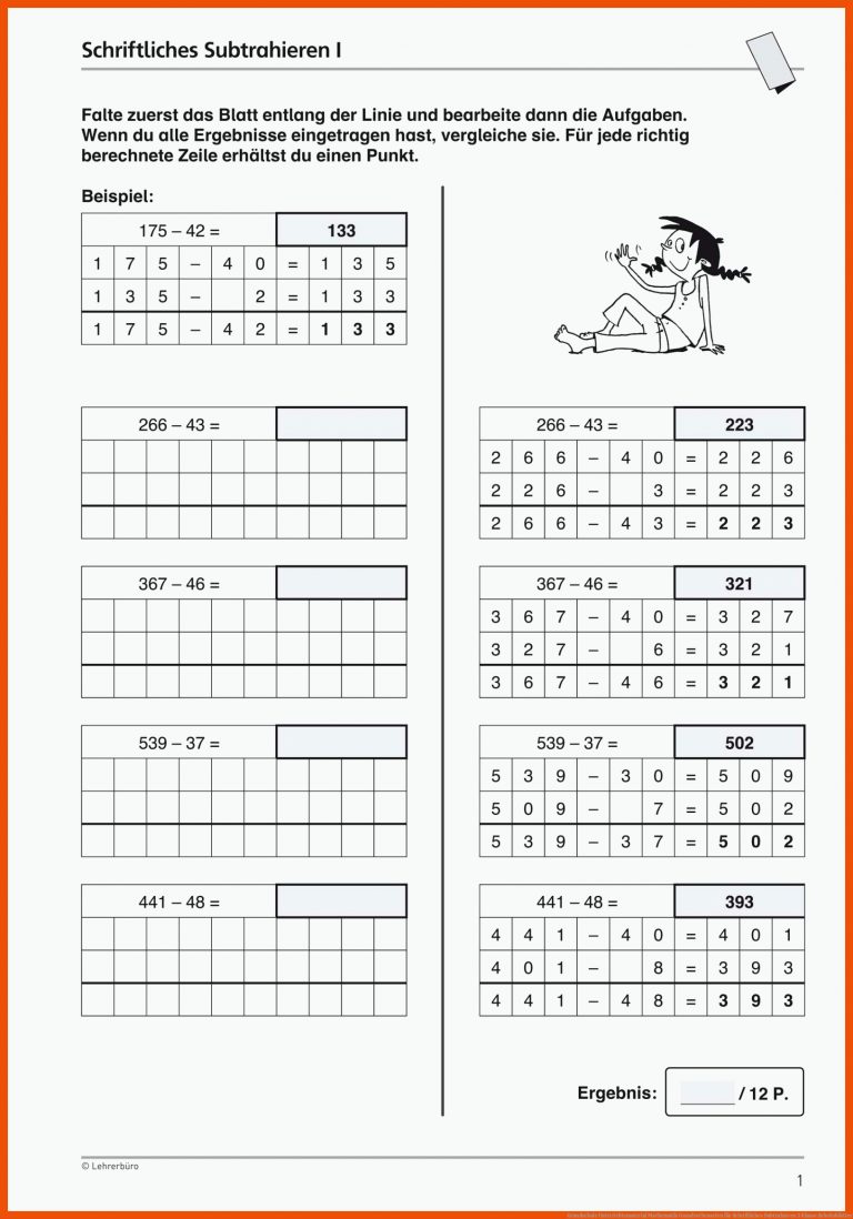 Grundschule Unterrichtsmaterial Mathematik Grundrechenarten für schriftliches subtrahieren 3 klasse arbeitsblätter