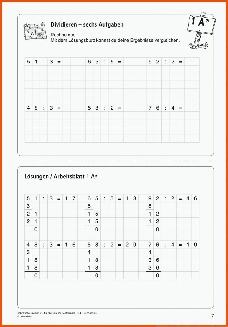 Grundschule Unterrichtsmaterial Mathematik Inklusion Grundrechenarten für arbeitsblatt schriftliche division