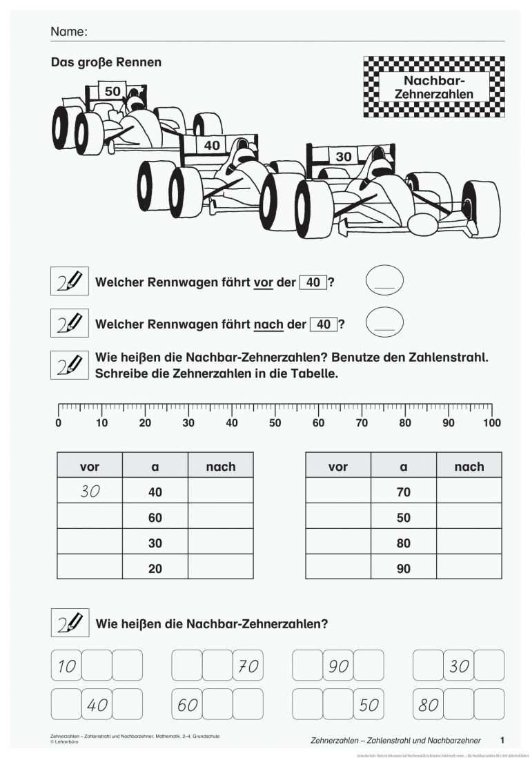 Grundschule Unterrichtsmaterial Mathematik Inklusion ZahlenrÃ¤ume ... für Nachbarzahlen Bis 100 Arbeitsblätter