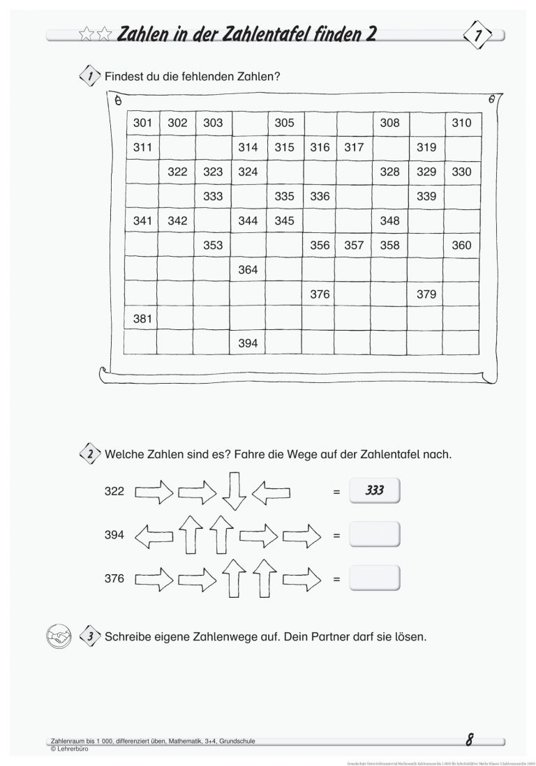 Grundschule Unterrichtsmaterial Mathematik Zahlenraum bis 1.000 für Arbeitsblätter Mathe Klasse 3 Zahlenraum Bis 1000