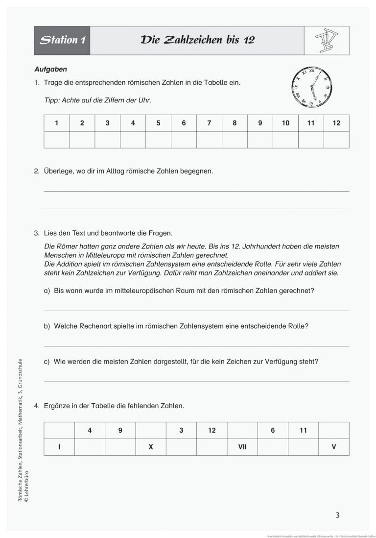 Grundschule Unterrichtsmaterial Mathematik Zahlenraum bis 1.000 für Arbeitsblatt Römische Zahlen