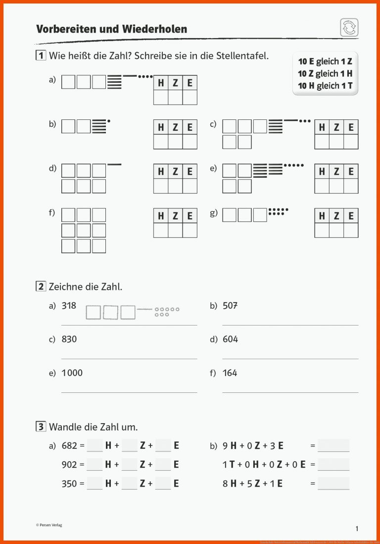 Grundschule Unterrichtsmaterial Mathematik Zahlenraum bis 1.000 für mathe 3.klasse arbeitsblätter bis 1000