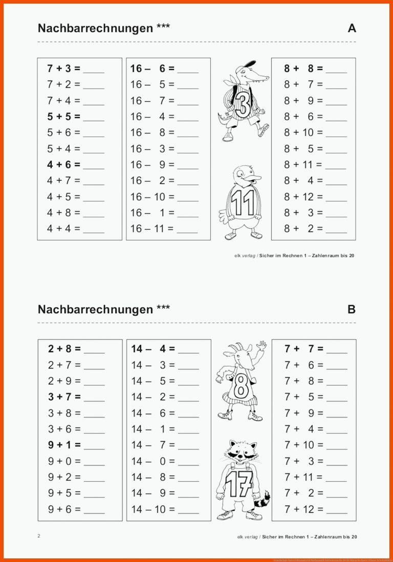 Grundschule Unterrichtsmaterial Mathematik Zahlenraum bis 20 für minus rechnen 1 klasse arbeitsblätter