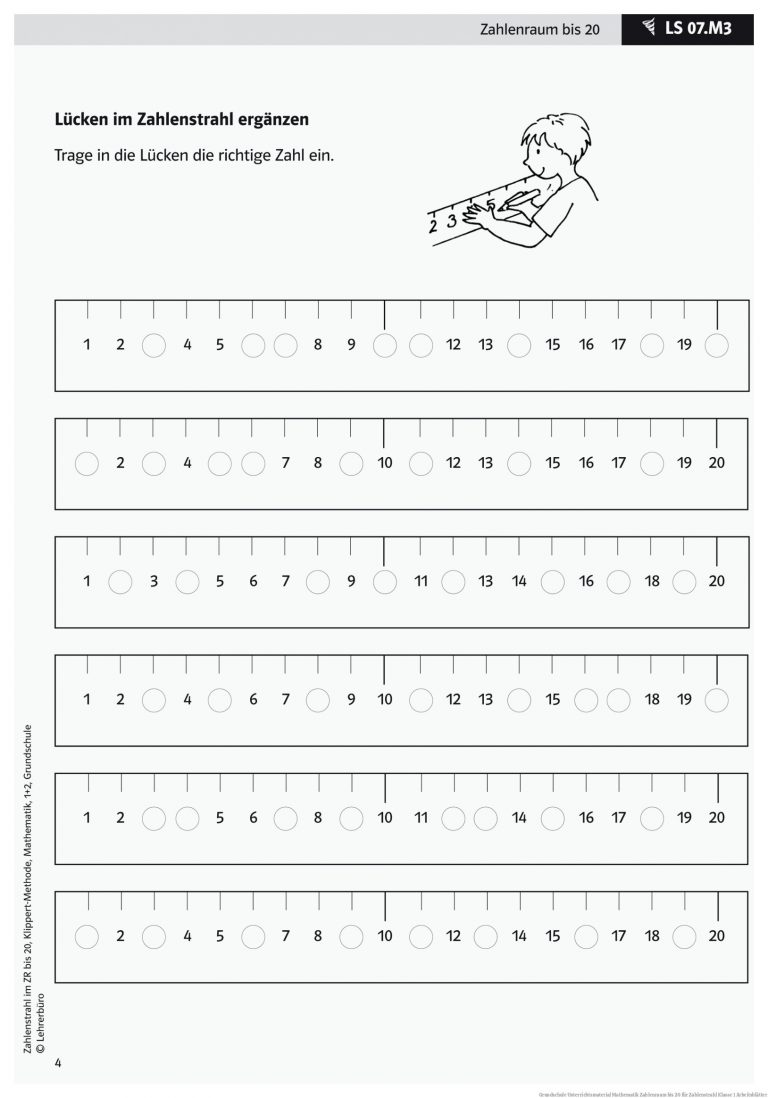 Grundschule Unterrichtsmaterial Mathematik Zahlenraum bis 20 für Zahlenstrahl Klasse 1 Arbeitsblätter