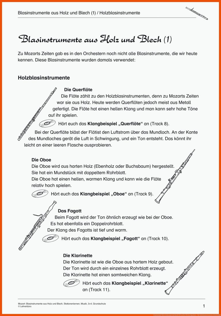 Grundschule Unterrichtsmaterial Musik KÃ¼nstler/werke/epochen ... Fuer Holzblasinstrumente Arbeitsblatt