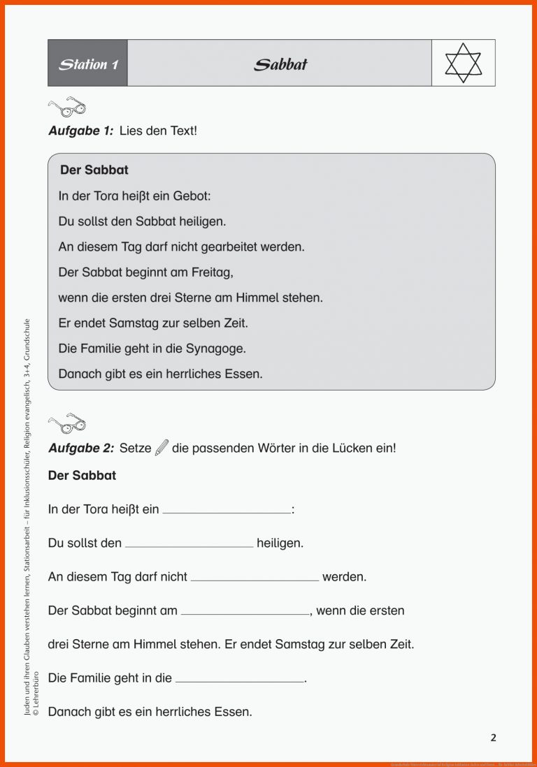 Grundschule Unterrichtsmaterial Religion Inklusion Juden und ihren ... für sabbat arbeitsblätter