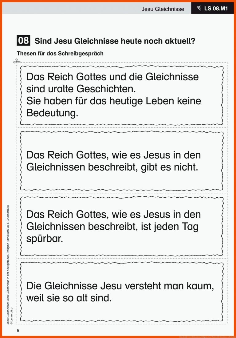 Grundschule Unterrichtsmaterial Religion Jesus Christus für gleichnisse arbeitsblatt