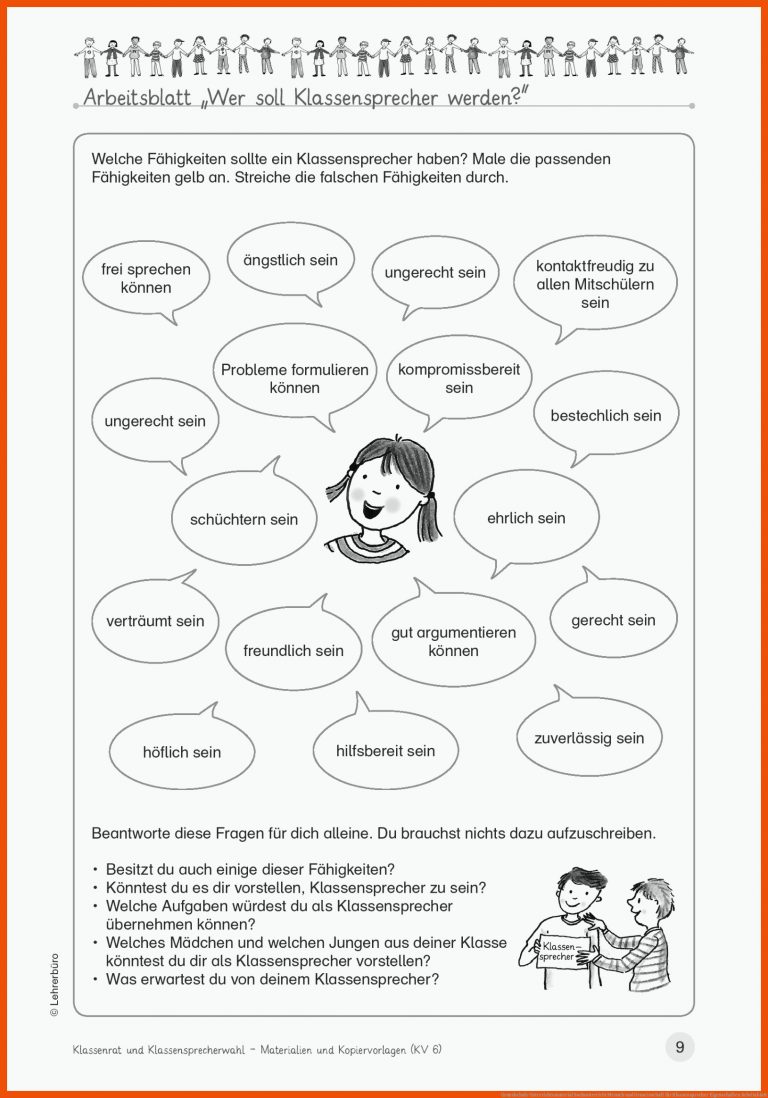 Grundschule Unterrichtsmaterial Sachunterricht Mensch und Gemeinschaft für klassensprecher eigenschaften arbeitsblatt