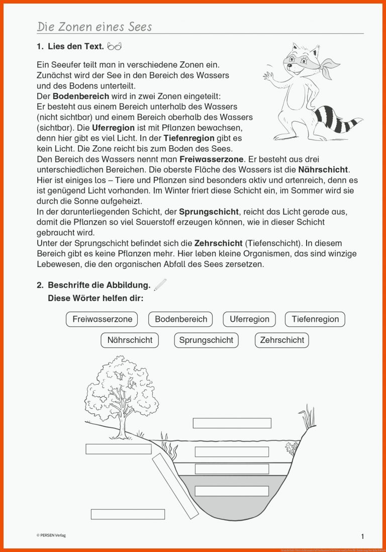Grundschule Unterrichtsmaterial Sachunterricht Natur und Leben für zonierung see arbeitsblatt