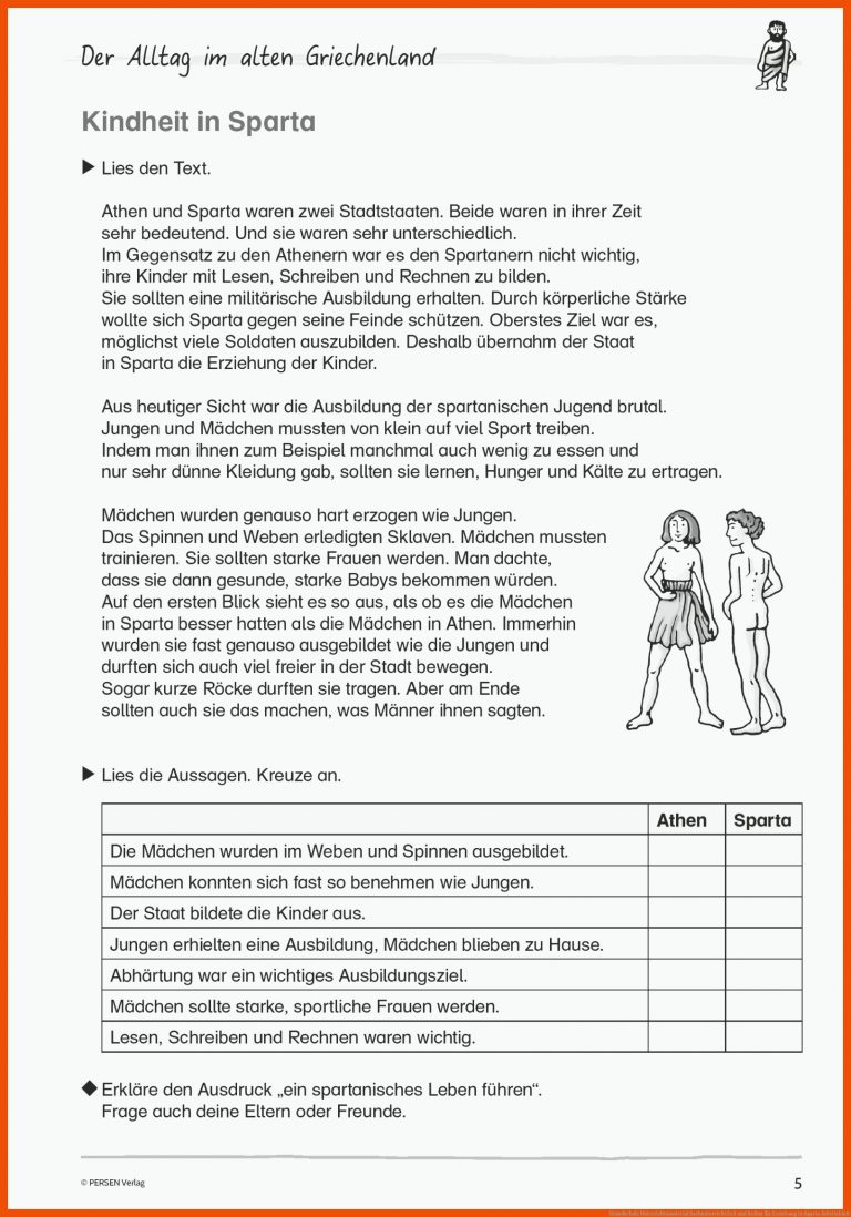 Grundschule Unterrichtsmaterial Sachunterricht Zeit und Kultur für erziehung in sparta arbeitsblatt